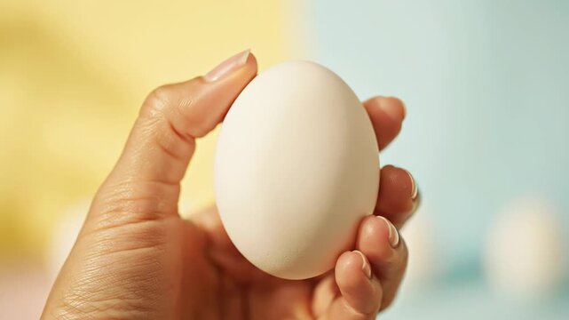 Close up of a woman's hand gently cradling a fragile white egg. The theme highlights culinary ingredients, healthy eating, protein sources, and festive Easter traditions