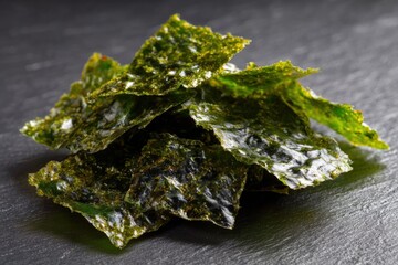 Crispy seaweed snacks on black slate surface