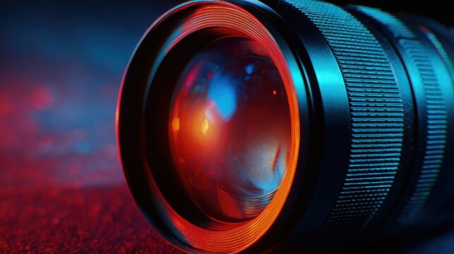 Close up of camera lens with colorful lights - Powered by Adobe