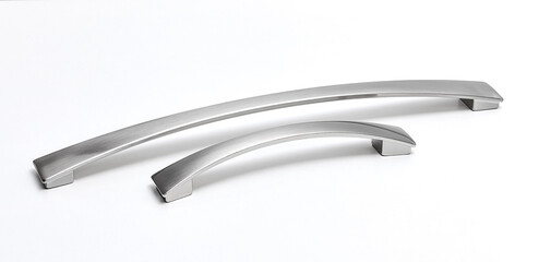 Pair of brushed stainless steel handles with curved profile and rectangular mounts, ideal for drawers of different sizes.