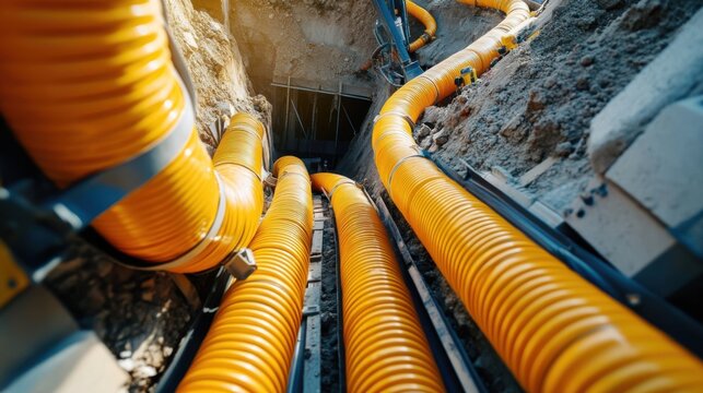 Yellow corrugated pipes installed in underground construction trench for utility infrastructure