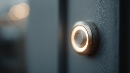 Close-up of a round, silver-colored button on a dark grey surface. the button appears to be made of metal and has a circular shape with a small hole in the center.