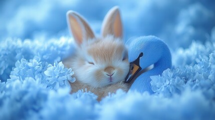A serene image of a rabbit and bluebird peacefully resting amongst vibrant blue flowers, conveying tranquility and the beauty of natural harmony.