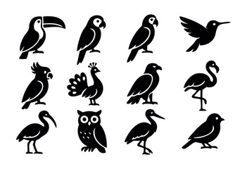 Naklejka premium Exotic Birds icon set — a collection of tropical and wild bird silhouettes — stock vector.