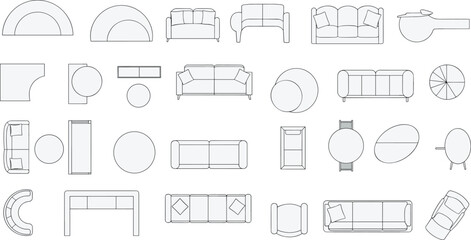 Top view of modern sofa and table furniture set layout, interior design plan elements, couch and seating arrangement for architectural floor plan illustrations