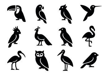 Naklejka premium Exotic Birds icon set — a collection of tropical and wild bird silhouettes — stock vector.