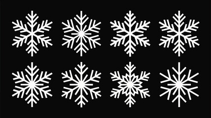 A pattern of eight white snowflakes arranged on a black background in a symmetrical grid pattern design