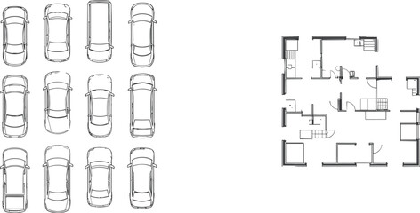 Top-down illustrations of cars and a floor plan layout, showcasing detailed vehicle designs and architectural elements for stock photography, ideal for transport and real estate themes