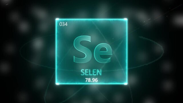 Selenium as Element 34 of the Periodic Table. Seamlessly looping 3D animation on blue illuminated atom design background orbiting electrons name, atomic weight element number in German language