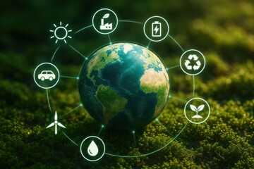 Earth surrounded by eco-friendly icons representing renewable energy, sustainability, and environmental responsibility. Concept of global awareness and green technology advancements.