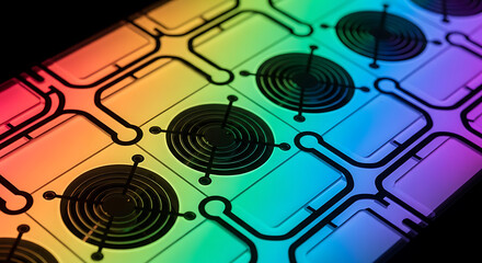 Close up of a multi colored patterned surface with circular designs and black line structures ai generated