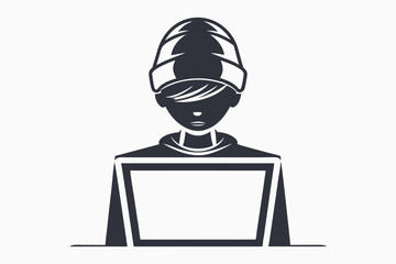 Hacker with beanie types on the keyboard in front of code fragments