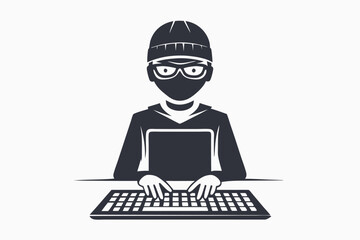 Hacker with a beanie types rapidly on a keyboard within a geometric frame