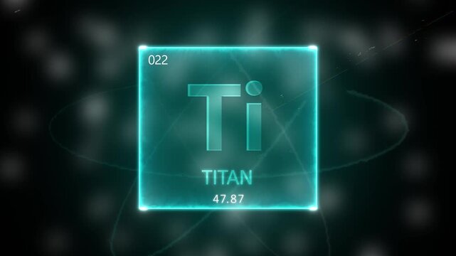 Titanium as Element 22 of the Periodic Table. Seamlessly looping 3D animation on blue illuminated atom design background orbiting electrons name, atomic weight element number in German language