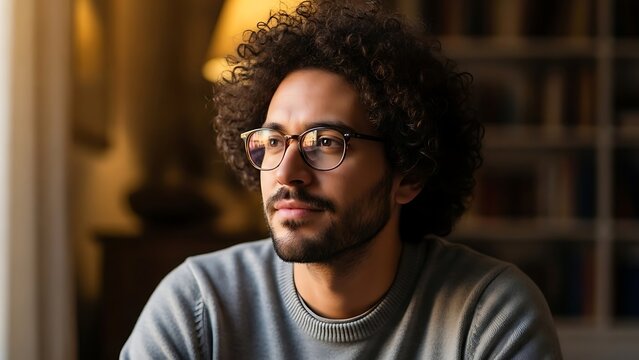 Thoughtful young man with curly hair and glasses gazes out a window with warm lighting - Powered by Adobe