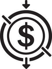 Obraz premium Black and white icon of a dollar sign within a target symbol with arrows pointing towards the center