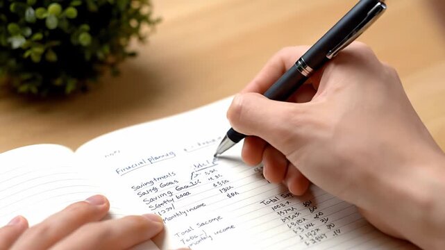 Hands are seen up close, carefully jotting down a personal budget and savings strategy in a notebook. This meticulous process involves mapping out financial goals and effectively managing money - Powered by Adobe