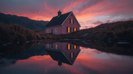 Picturesque cabin reflected in serene sunset lake