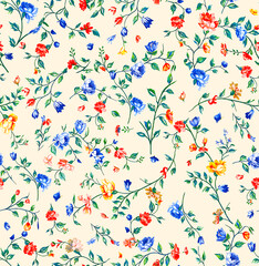 watercolor seamless pattern with floral ornament and leaves.