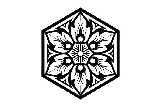 Hexagonal frame holds intricate floral patterns with radial symmetry in a stark black and white