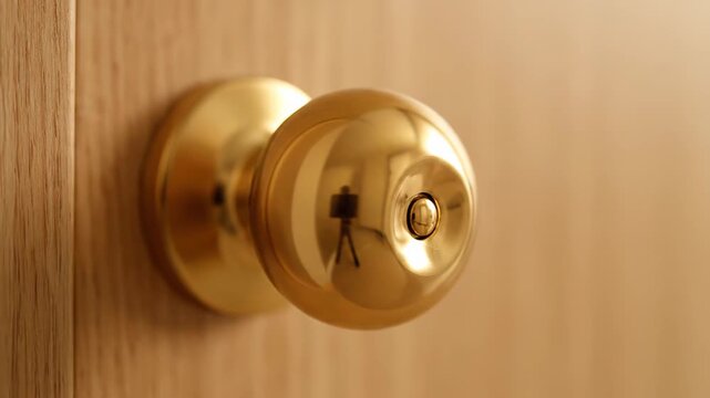 Close up of a shiny brass doorknob on a wooden door. A camera and tripod are visible in the reflection as the focus gently shifts