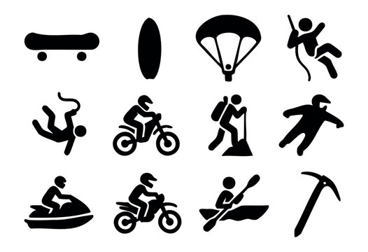 Extreme Sports & Adventure icon set — silhouettes of athletes in high-adrenaline activities — stock vector.