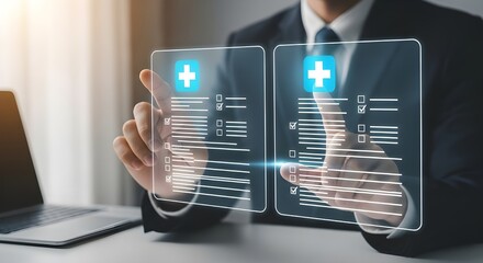 Businessman interacting with futuristic medical records on transparent screens in office