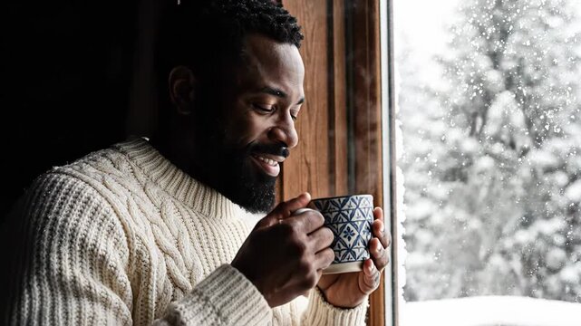 Handsome African American man in a cozy sweater relaxing at home, looking out the window at the falling snow and drinking a hot beverage