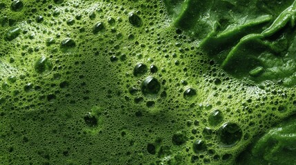 Green smoothie juice texture closeup. Kale and spinach blend. Natural organic surface with foam