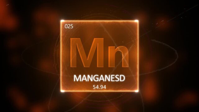 Manganese as Element 25 of the Periodic Table. Seamlessly looping 3D animation on orange illuminated atom design background with orbiting electrons. Name, atomic weight, element number in Spanish lang
