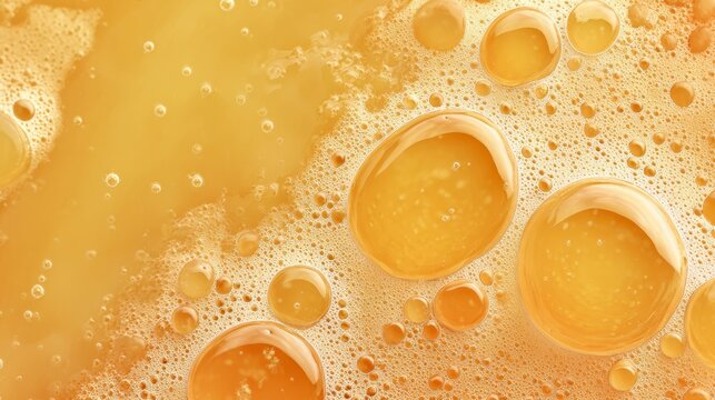Golden mango juice closeup texture. Tropical smooth surface with natural fruit essence bubbles
