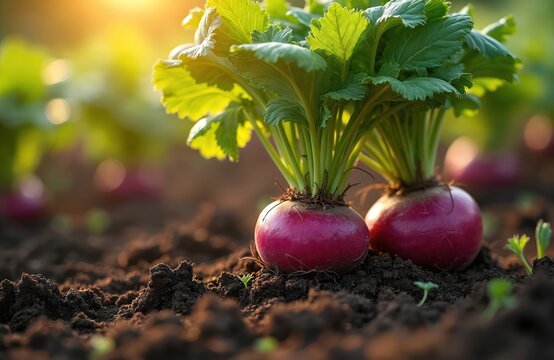 Fresh purple radishes grow in dark soil under warm sunlight. Lush green leaves spread from round root vegetables ready for harvesting. Organic farming provides healthy garden produce.