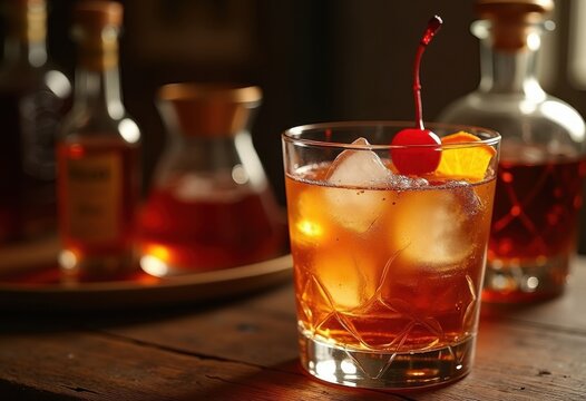 Classical Manhattan Cocktail Elegant Presentation Cherry Accent Smooth Blend Bourbon Tradition