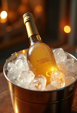 Chilled White Wine Thriving in Ice Bucket Surrounded by Sparkling Frosty Atmosphere