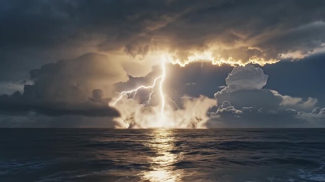 Dramatic Lightning Strike Over Ocean During Storm Video.