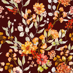 seamless pattern of red and brown flowers on a black background