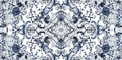 seamless blue and white damask background