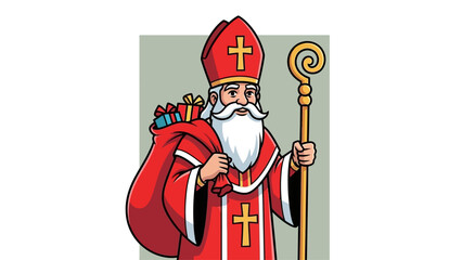 Sinterklaas Character Illustration Carrying Gift Sack and Crozier Staff