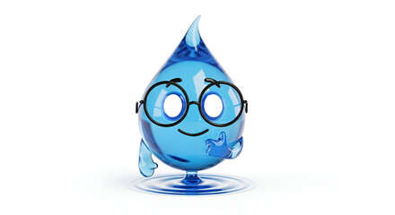 Adorable water drop character with glasses gives a thumbs up, perfect for promoting hydration and water conservation in a fun, engaging, and educational way
| White Background.