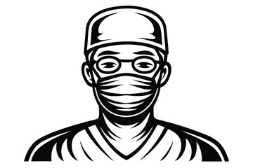 Male surgeon wears a mask and glasses, the is monochrome and bold