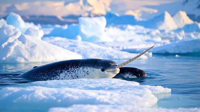 Narwhals Swimming in Icy Arctic Waters with Icebergs