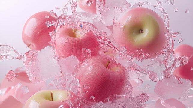 Apples on pink background with cooling ice and water splashes, fresh fruit concept photo
