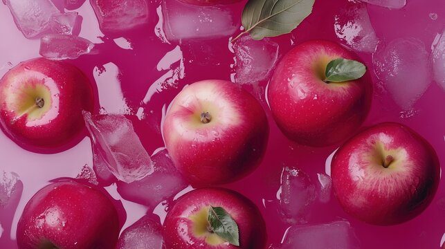 Apples on pink background with cooling ice and water splashes, fresh fruit concept photo