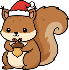 Fototapeta premium Adorable Cartoon Squirrel Holding Acorn and Wearing Santa Hat, Cute Christmas Vector Illustration