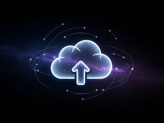 Glowing cloud upload icon with digital orbit lines in dark space