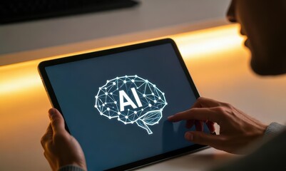 A warm golden illuminated desk where tablet displays simple AI brain icon touched gently by person within modern soft balanced environment