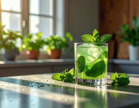 Chilled mint cocktail standing on a polished counter illuminated by soft highlights revealing its crisp green transparency and serene refreshing mood