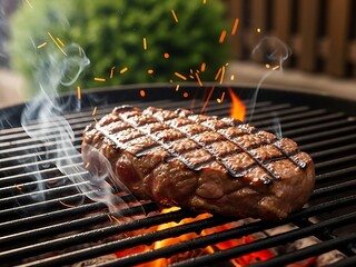 Thick beef steak grilling over hot charcoal with sparks flying