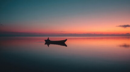 Solitary figure in boat watches vibrant sunset over calm ocean
