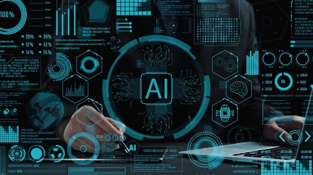 Explore a futuristic data analytics interface featuring AI technology, intricate graphs, and charts in a professional workspace, representing innovation and insights in digital solutions. Cipher